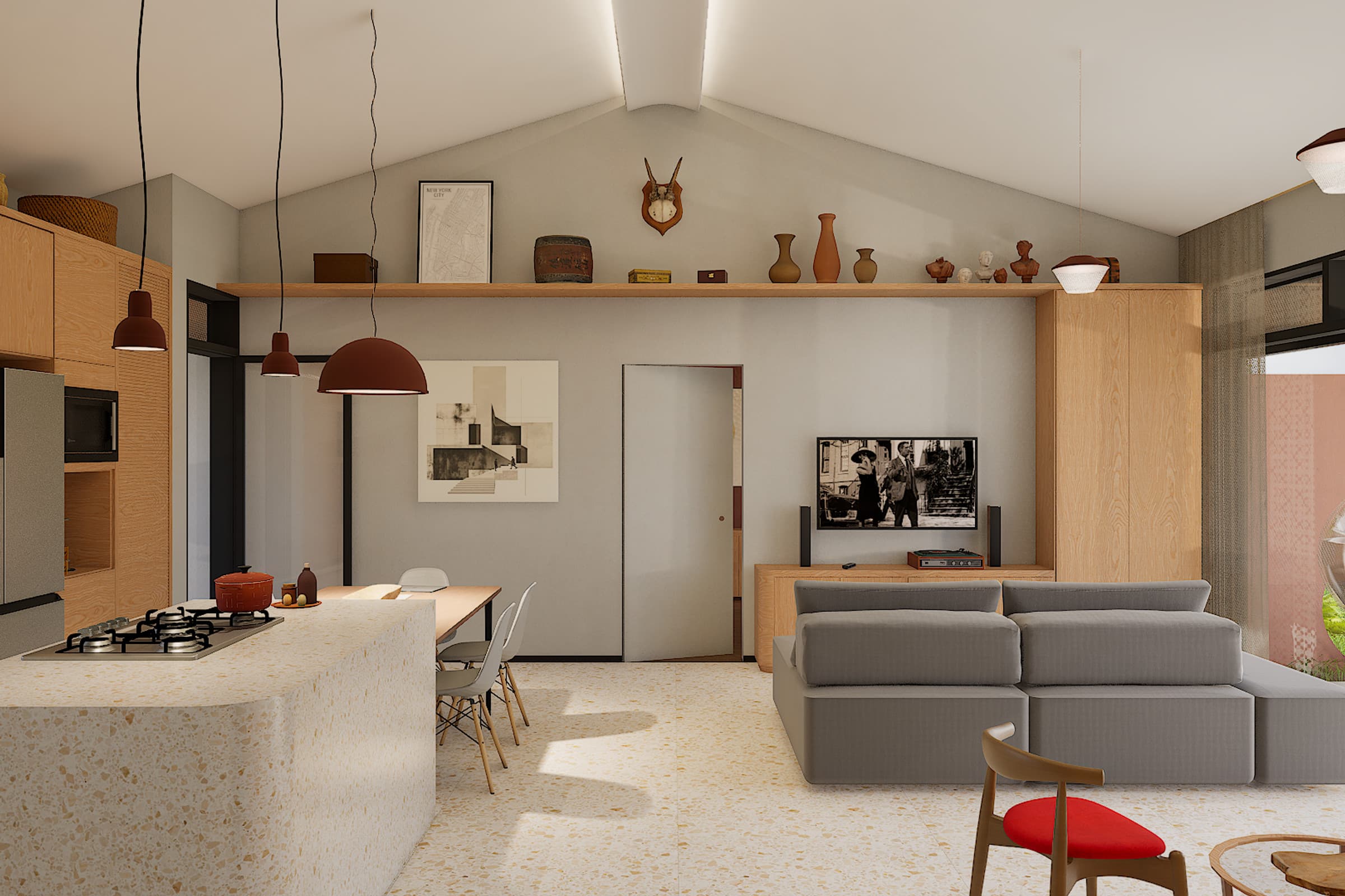 Interior residencial projetado pelo Estúdio Dupla Face: cozinha e estar integrados, com marcenaria em madeira clara, piso em terrazzo e pendentes em tom terracota